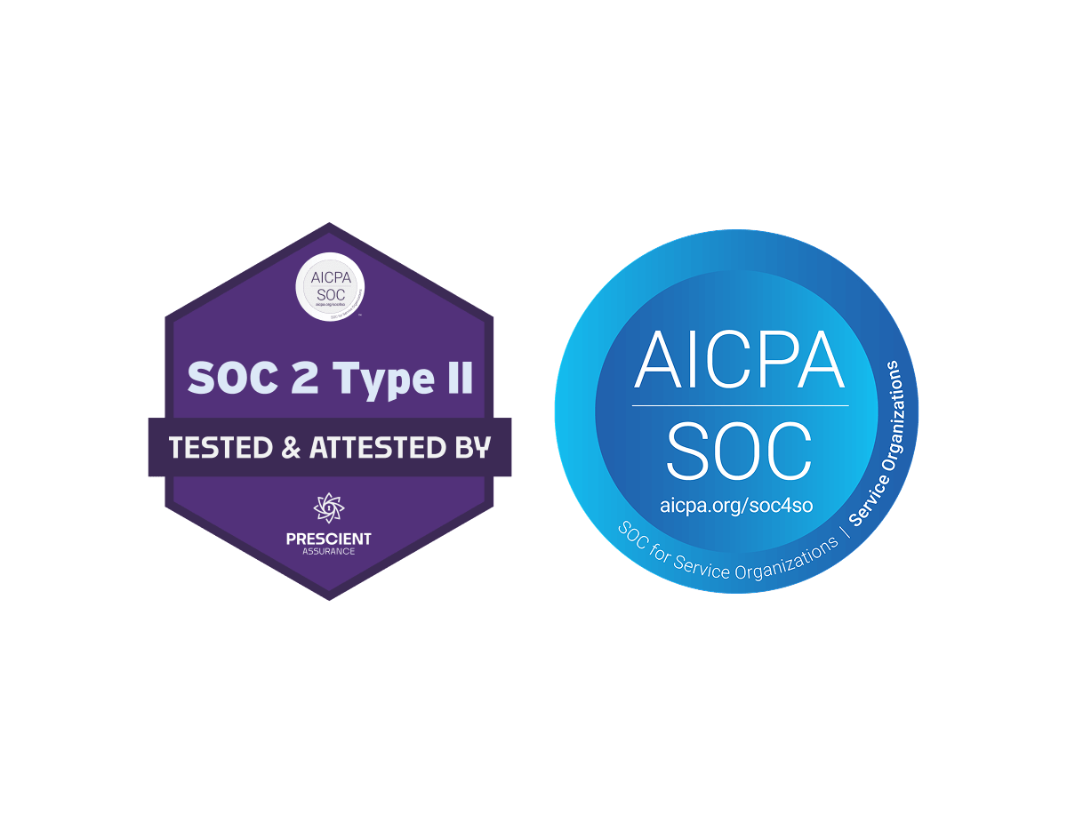 SOC 2 Type II certification badge (Prescient Assurance) and AICPA SOC seal.